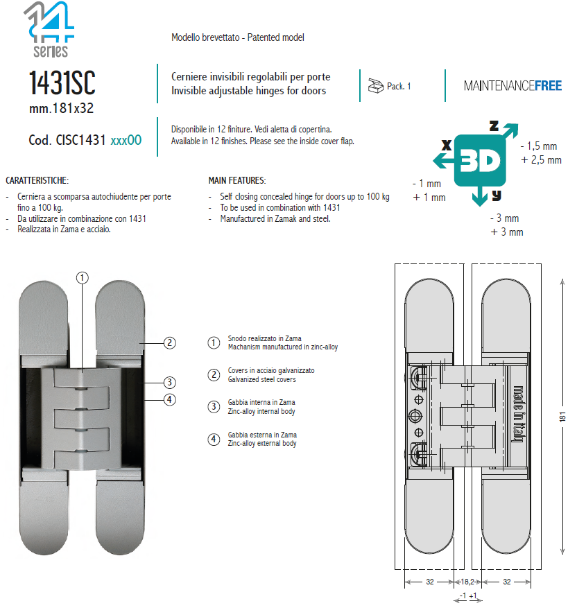 CEAM 1431SC Self-Closing 3D Adjustable Concealed Door Hinge | 自動閉門三維可調式隱藏鉸鏈