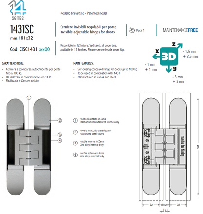 CEAM 1431SC Self-Closing 3D Adjustable Concealed Door Hinge | 自動閉門三維可調式隱藏鉸鏈